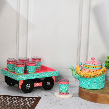 KENWIN CRAFTS HandPainted Alluminium Tea Kettle with 6 Glasses and Wooden Tray For Home Décor , Tea Party , Serving